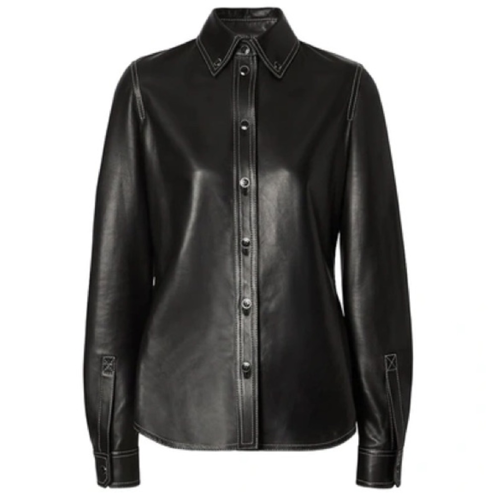 Burberry 6 Lamb Leather Button Down Shirt Black with White Stitching $2650 NEW